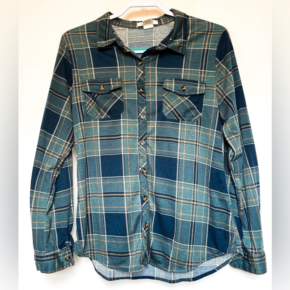 Passport Green and Blue Plaid/Flannel Button Down Shirt/Blouse